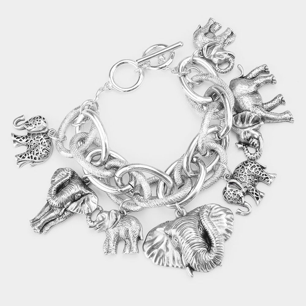 Metal Elephant Charm Toggle Bracelet in Silver or Gold - NEW